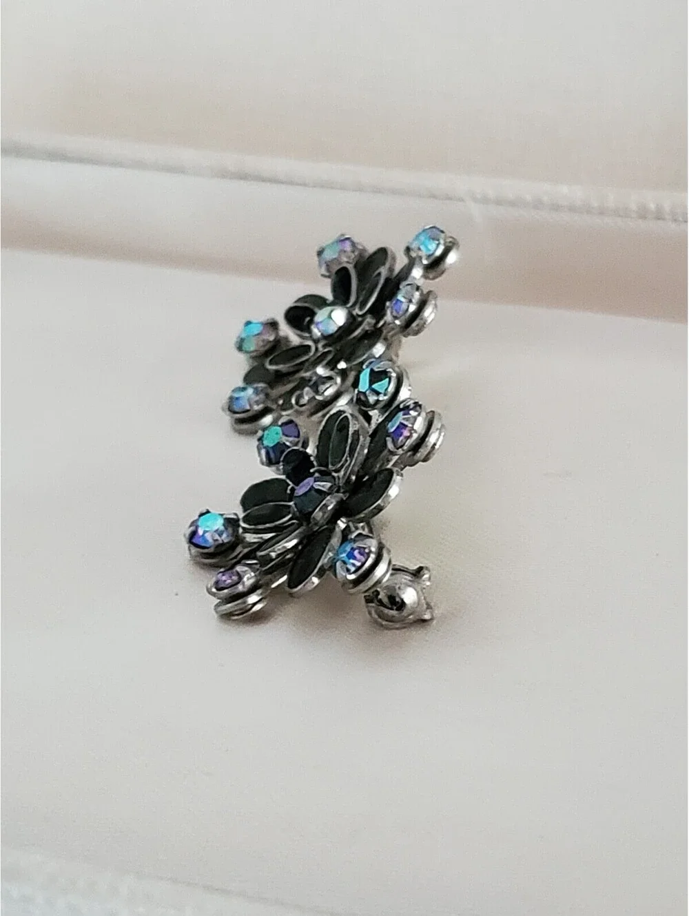 Vintage Pair of Mini Black Enamel AB Floral Brooches Pins